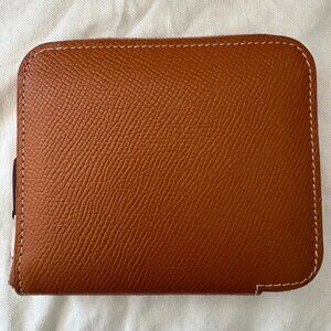 Auth Hermes Epsom Gold Brown Tan Leather Silk'in Compact Wallet Card Holder